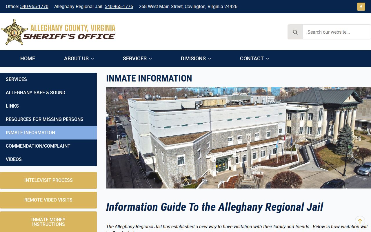 Alleghany County regional jail custody and booking record information page