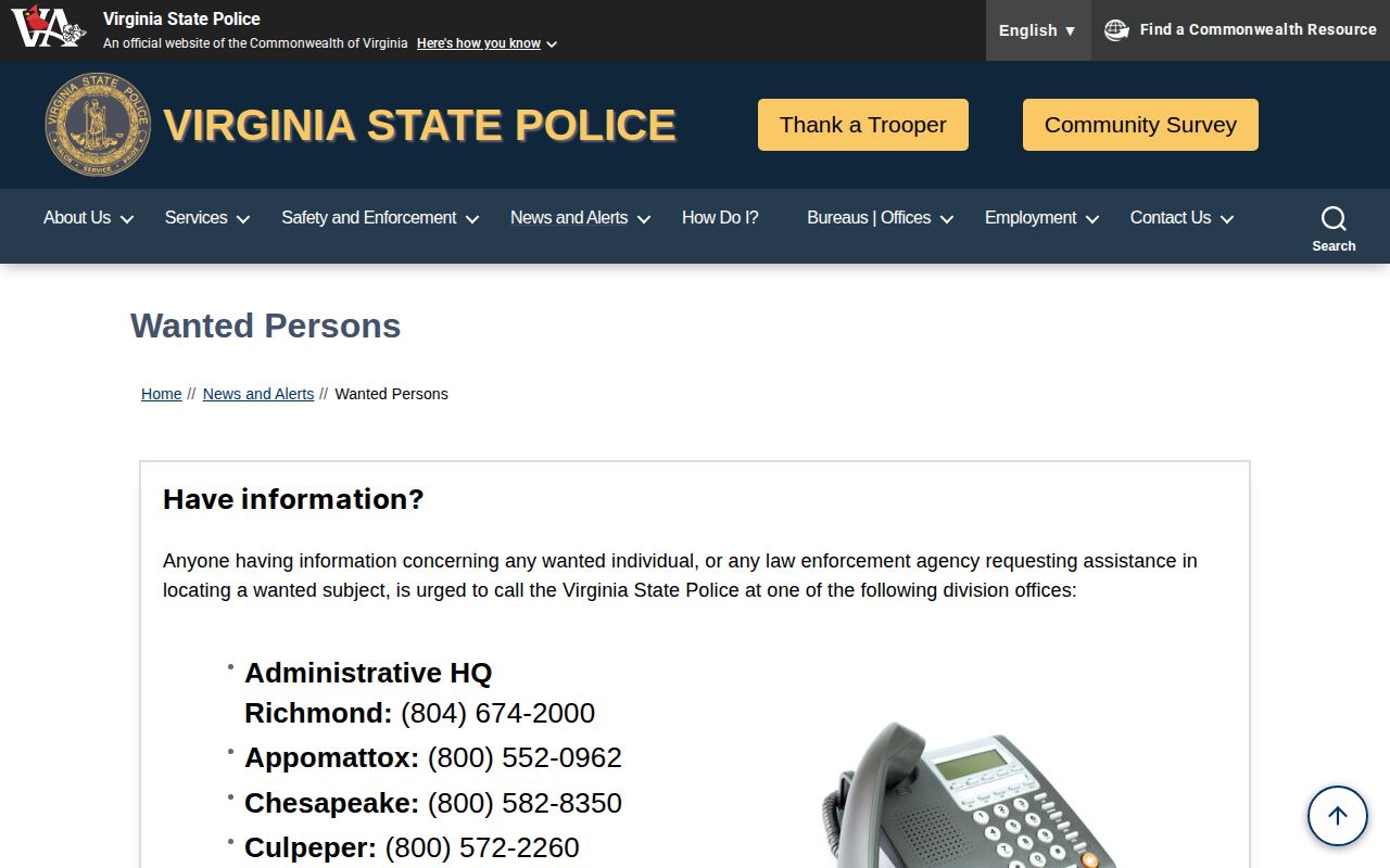 Alleghany County warrant-check alternative on Virginia State Police wanted persons page