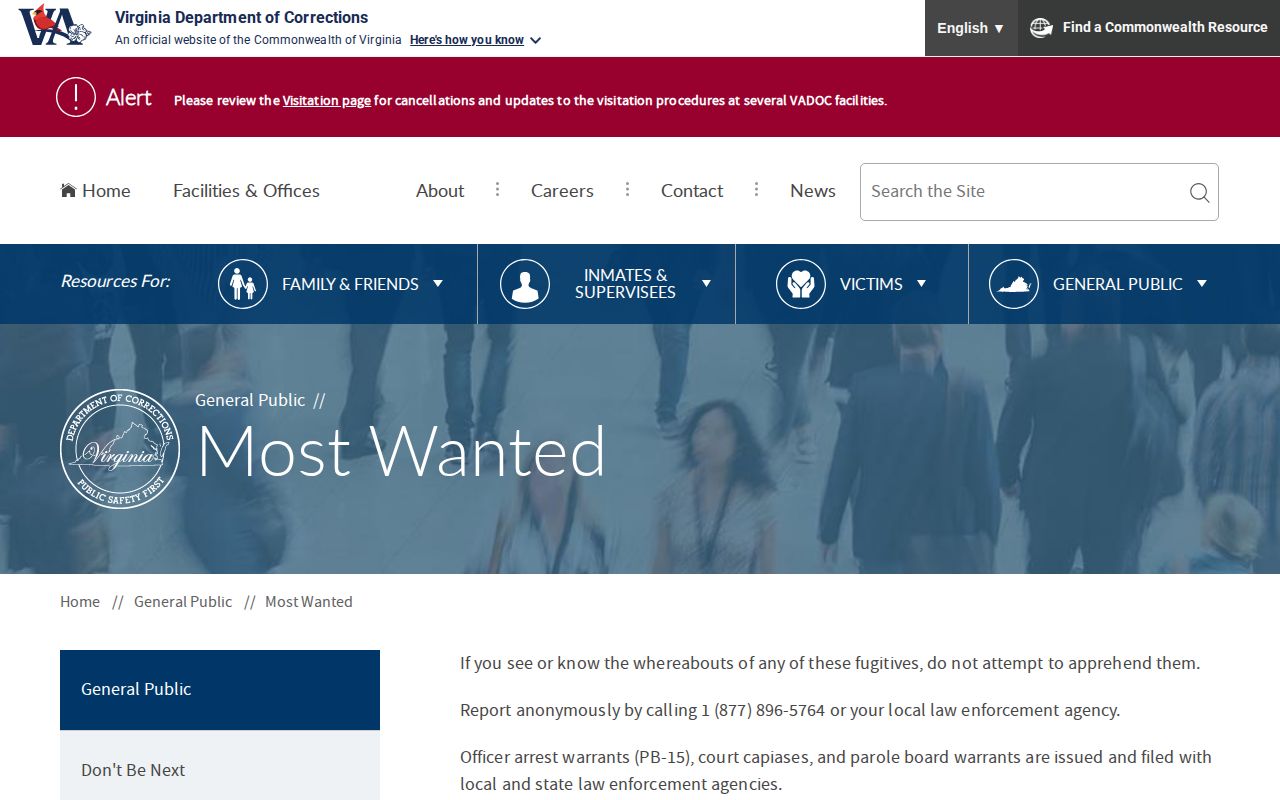 Alleghany County warrant context on Virginia Department of Corrections most wanted page